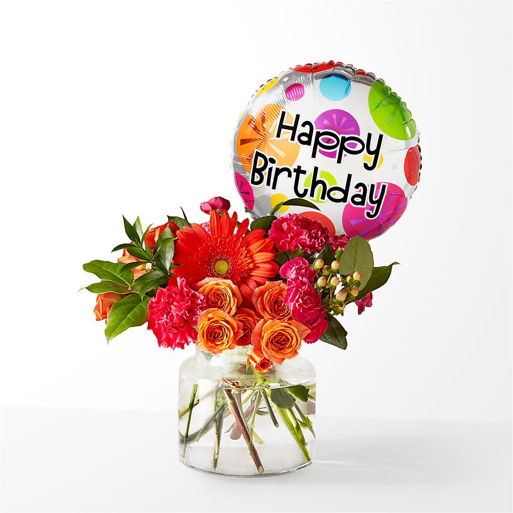 Fiesta Bouquet with Birthday Balloon – Bloom Studio Llc, Indianapolis IN