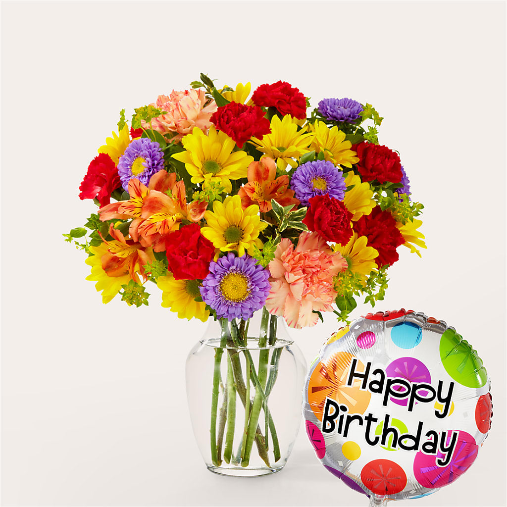 Kaleidoscope Bouquet with Birthday Balloon – Bloom Studio Llc, Indianapolis IN